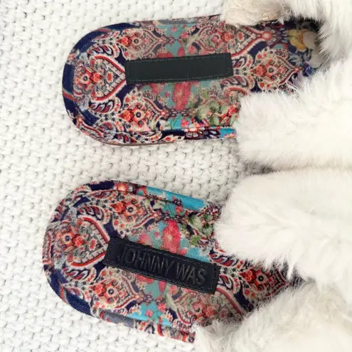 Johnny Was  Ivory Faux Fur Trim Indy X Paisley Print Slippers Women 9