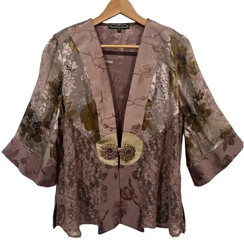 Y2K Kimono Cardigan Jacket Taupe Gray Lace Asian Rayon Toggle Purple Size M