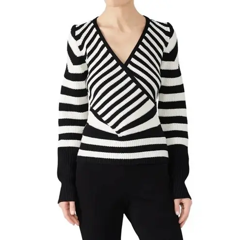 Tome Black White Striped Merino Wool Long Sleeve Crossover Wrap Sweater Size 16