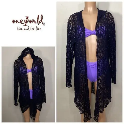 One World New. Navy lace hooded cover-up. Large. Retails $99