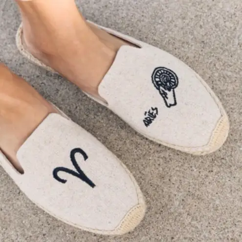 Soludos Aries Embroidered Zodiac Sign Sand & Black Slip On Flat Espadrille Mules