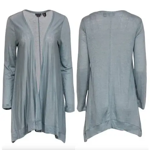 Tahari Solid Blue Asymmetrical Open Front 100% Linen Boho Long Cardigan Sweater