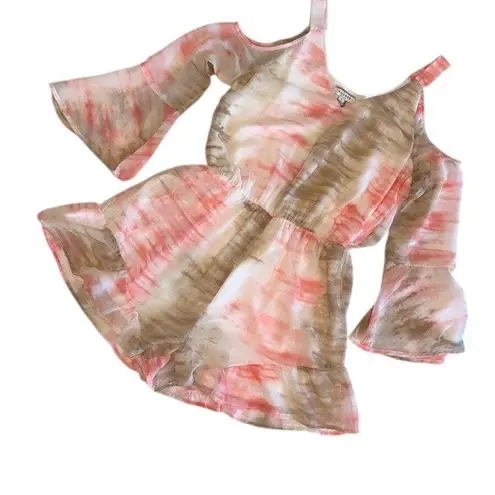 Andree by Unit NWT Tie Dye Romper Cold Shoulder Bell Sleeve Ruffle Hem Sz Lg