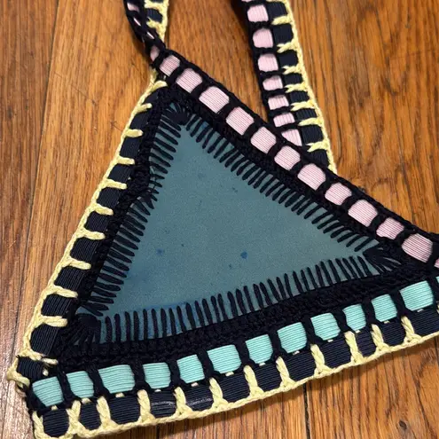 kiini NWT Flor Teal multi Crocheted Swimsuit bikini swim set size L specks