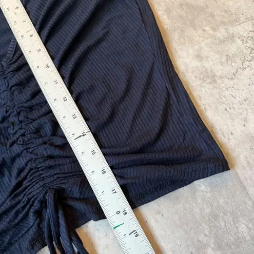 Navy blue ribbed rouched crop top tie front short sleeve summer Y2K shirt L Size L