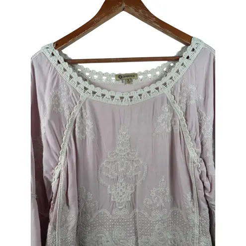 Democracy Medium Pink Embroidered Crochet Lace Bell Sleeve Boho Blouse Top