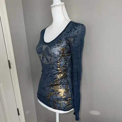 V Christina Y2K Burnout Long Sleeve Top Sz S Rhinestone Peace Sign Graphic Tee Blue