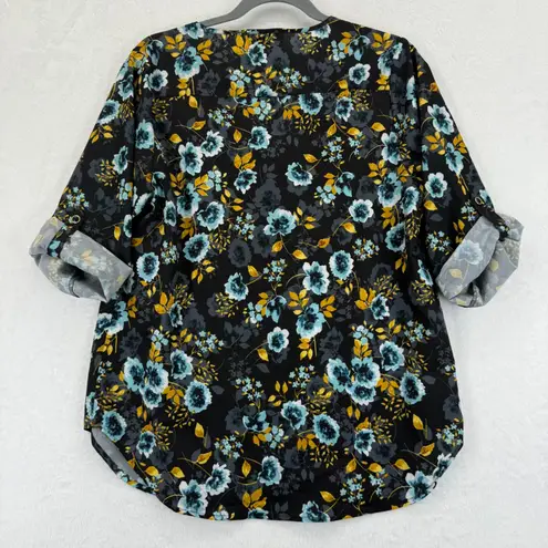 Yumi Kim Floral Blouse Medium Roll Tab Sleeve Button Down V Neck Womens