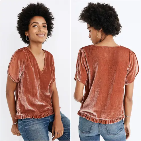 Madewell Blouse Velvet Tulip-Sleeve Ruffle Top V-neck M