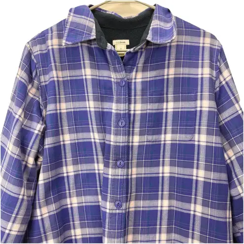 LL Bean Fleece Lined Flannel Purple Plaid Shirt Jacket Shacket MEDIUM