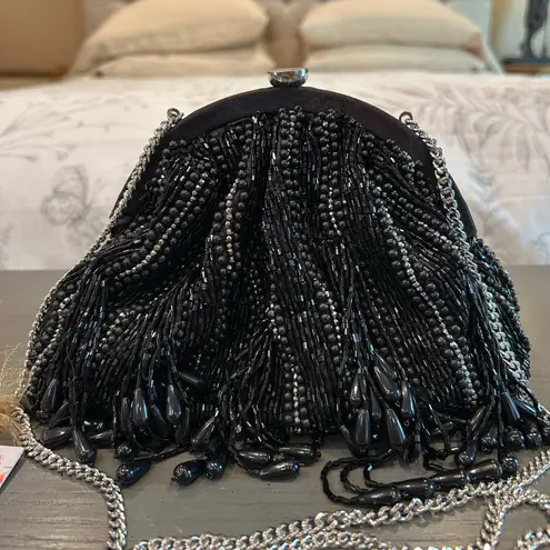 NWT Elegant Black Beaded Fringe Evening Clutch Crossbody Bag