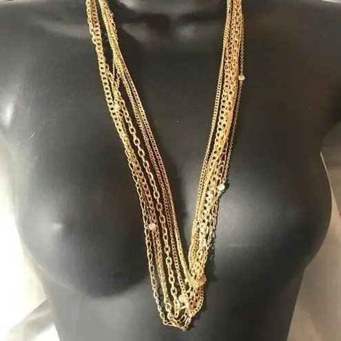 Unlisted Vintage 7 Layered Gold Tone Chains With Stone On One Chain