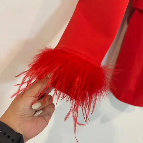 NWT Blithe LA Feather Trim Sweetheart Neckline Belted Romper Party Red New Small