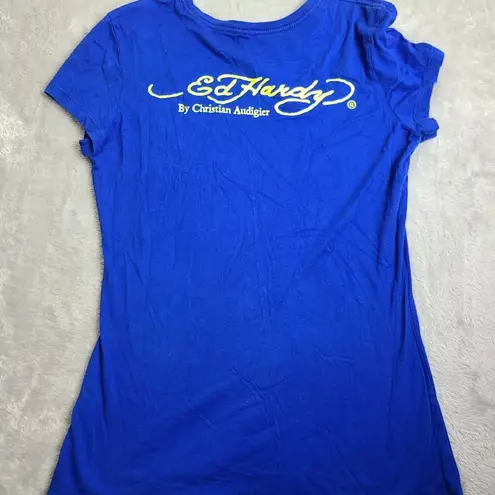 Ed Hardy Vintage Shirt Women's size Large Blue Embroidered
