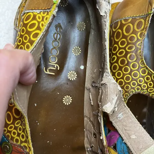 Socofy Leather 7 Mary Jane Shoe Flower Embossed Blue Yellow Green Platform Brown