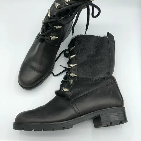 SGN Black Leather Lace Up Fur Trim Combat Boots Womens 37 Goth Witchy Whimsy Size 6
