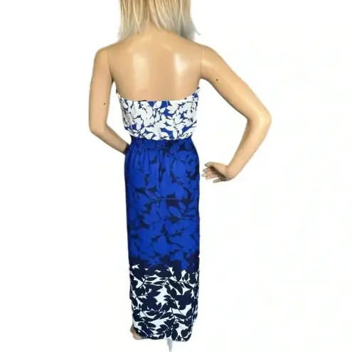 AQUA  Blue Navy Floral Long Strapless Boho Slit Maxi Dress Smocked Size XS