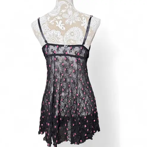 secret treasures Black Mesh Babydoll Slip Dress Women's Large Y2K Rose Embroider