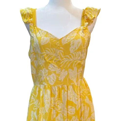 Angie  Midi Dress Cap Sleeve Tiered Skirt Yellow Floral Open Back Womens Large