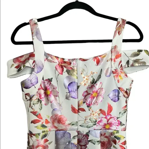 ECI New York Cold Shoulder Floral Zip Up Shiny Knee Length Midi Dress Size 6