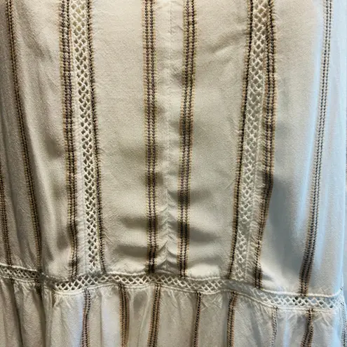 Fever Women's Tunic Blouse Top SZ XL Peasant Sleeve Cream Crochet Stripe Boho Brown