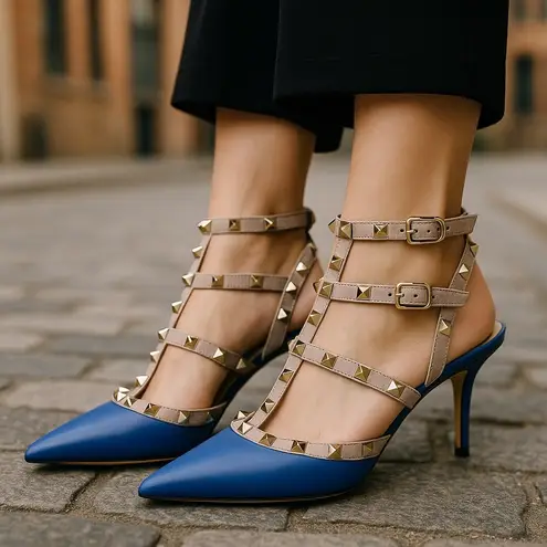 Valentino Garavani Rockstud 65mm Leather Caged Pump Blue Pink Size 36.5