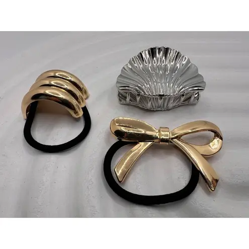 Gold Bow & Wave Hair Ties+Silver Shell Hair Clip Bundle Women's Accessories NWT