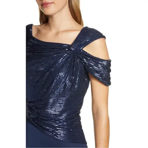 Tadashi Shoji Vesta Sequin Off-Shoulder Evening Gown Navy Formal Dress Size 16