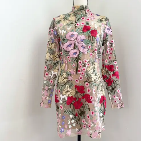 Novaluxe Floral Embroidered Mini Sheer Dress L Romantic Fairy Ethereal Coquette Red Size L