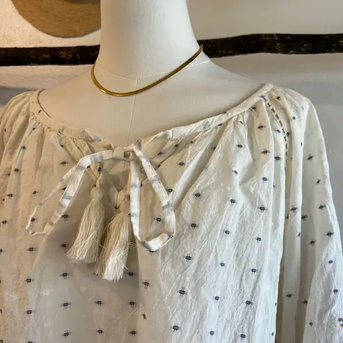 World Market White Floral Embroidered Puffed Sleeve Blouse Tassel Tie Top Size M Size M