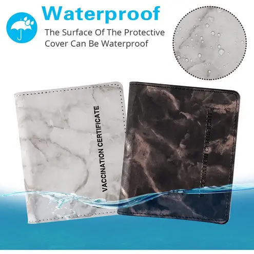 Waterproof Travel Vaccine Card Holder Cover Protector PU Leather Marble 4”x3”