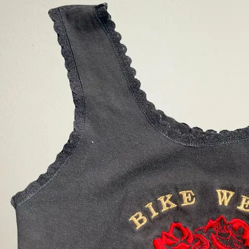 Bike Week 2002 Daytona Beach black lace trim tank top rose, Y2K biker whimsigoth