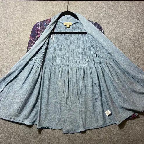 Me World Boho Open Front Cardigan Jacket L Multicolor Paisley Print Smocked Back Purple Size L