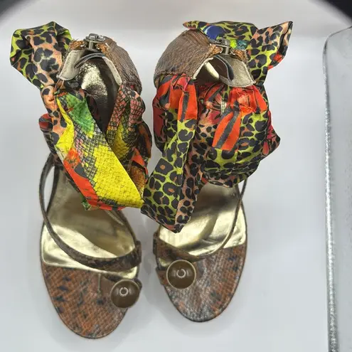 NWT Carlos Falchi Cruz Multi Animal Print Ribbon Wedges Size 9.5 Brown