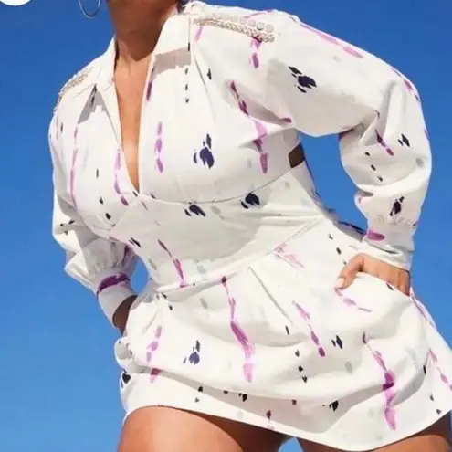 Royalty by Maluma white denim dress with a tie dye print and chain pearl L Size L