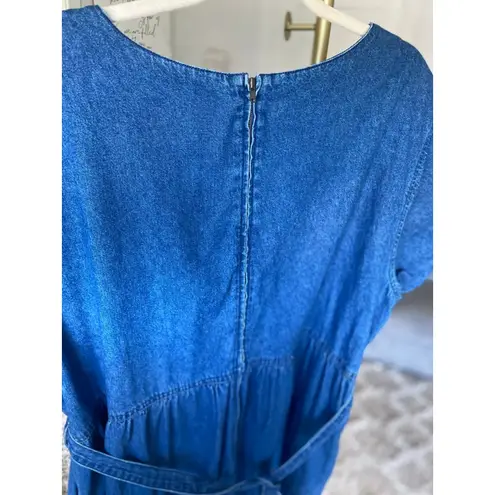 Erika Vintage Denim Maxi Dress Floral Embroidery Cottagecore V Neck Prairie Boho