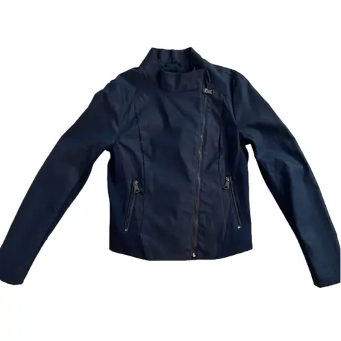 Andrew Marc Marc New York faux leather navy blue collared zip jacket NEW Size S