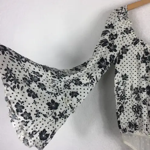 Free People  One On One Date Floral Bodysuit XS White Polka Dot Bell Sleeve