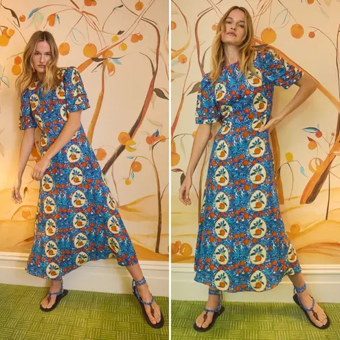 Hunter Bell Orange Grove Casey Dress Blue Citrus Print Size 4 Small