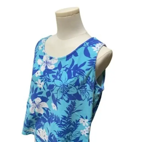 White Stag Ladies Large Sleeveless Floral Tank Top Blue & White Cotton/Spandex