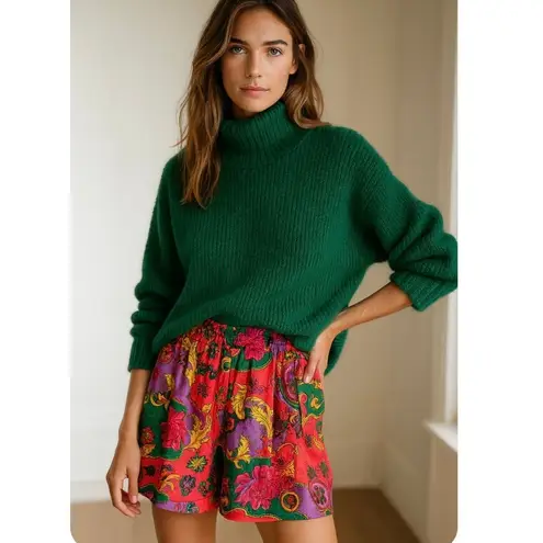 Vintage 90s 100% Silk Baroque Floral Scroll Shorts Rare Statement Piece Small Red