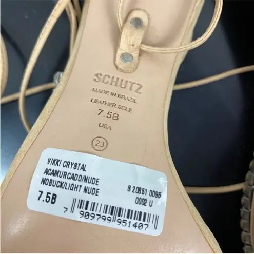Schutz Vikki Crystal Embellished Ankle Wrap High Heel Sandals Tan 7.5 Leather