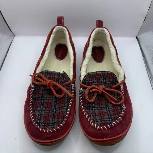 L.L.Bean  Mocassian Loafer Style Slippers Maroon Plaid Sherpa Lined Women's 11M