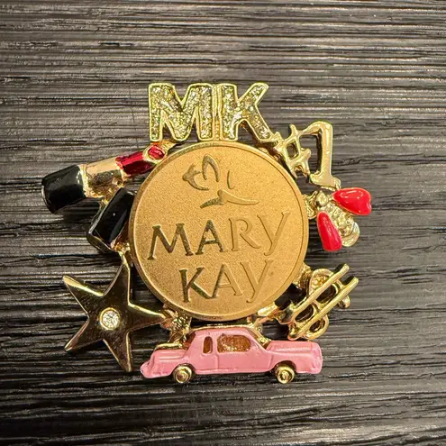 Mary Kay Brooch Pin Border Pink Cadillac Star Lipstick Dollar Sign Gold Tone
