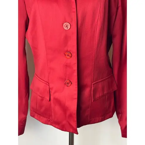 Oscar de la Renta Blazer Women 8 Red Wool Blend Leather Trim Jacket Career