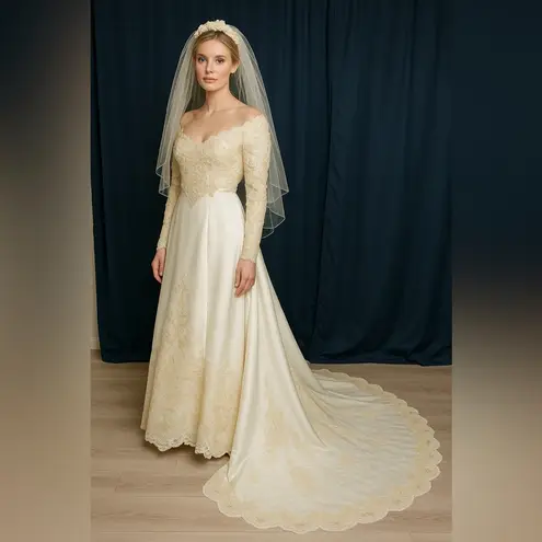 Alfred Angelo Ivory Off-Shoulder Wedding Dress with Gold Embroidery + Veil & Bouquet