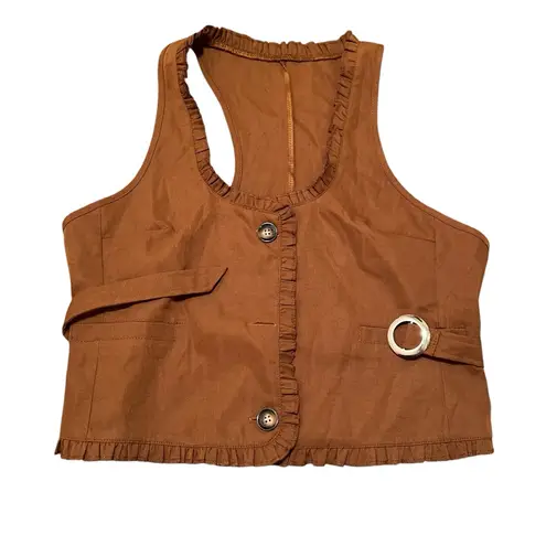 Sleeveless Vest Blouse Brown Ruffle XL