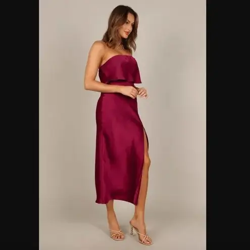 Petal and Pup  Vienna Strapless Berry Satin Ruffle Side Slit Midi Dress XS