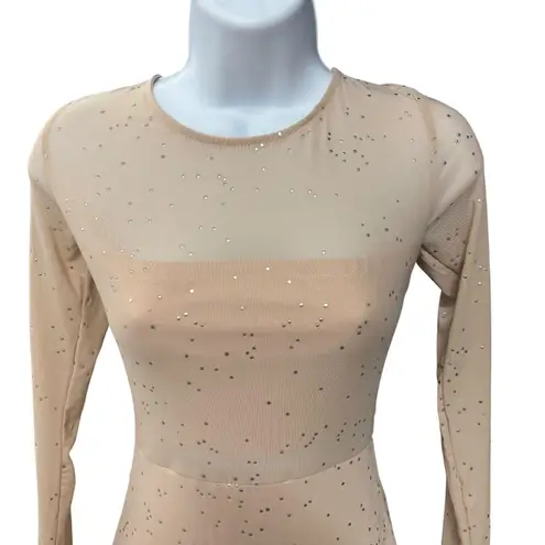 Nude Rhinestone Long Sleeve Small Mesh Mini Dress Bodycon Party Homecoming Tan