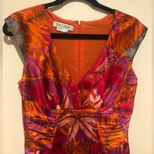 Kay Unger NY VIBRANT PINK ORANGE FLORAL SHORT SLEEVE SATIN SILK SHEATH DRESS 2